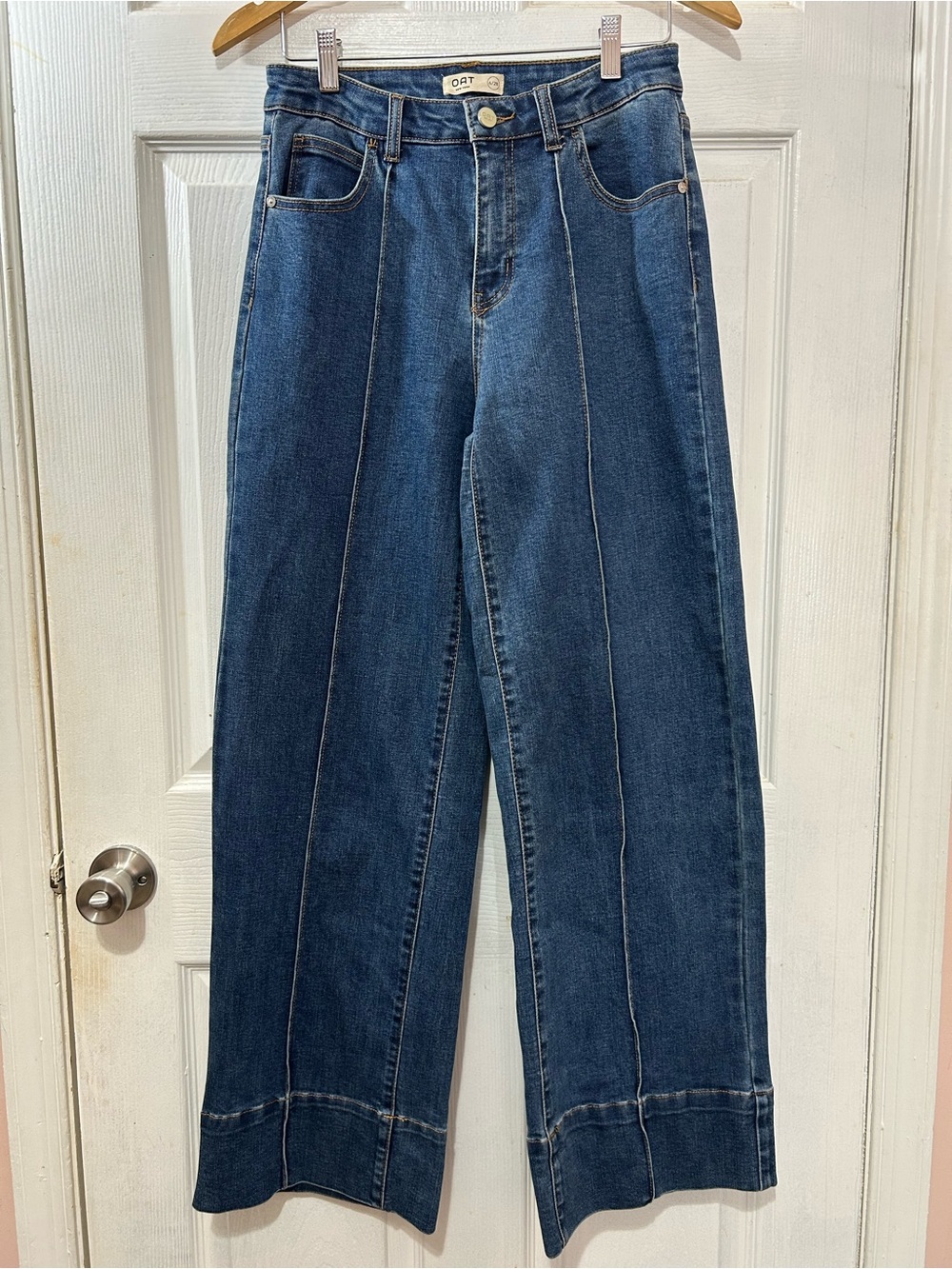 OAT New York Wide Leg Trouser Jeans Size 6/28 Pintuck Seam Dark Wash Denim Boho